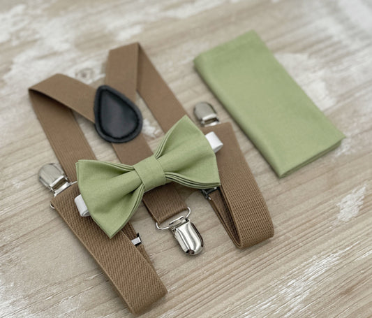 Pistachio Bow tie & Suspenders | Taupe Braces | Pocket Square | Ring Bearer Outfit | Boho Wedding