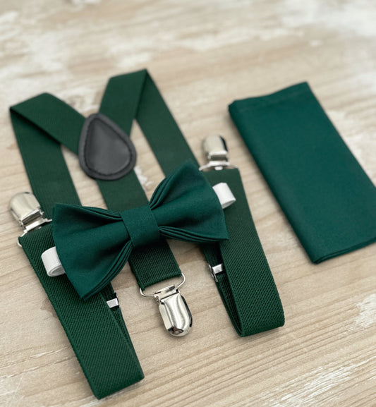 Pine Bow tie & Suspenders | Juniper Green Braces | Gem Bow | Pocket Square | Ring Bearer Outfit | Boho Rustic Wedding