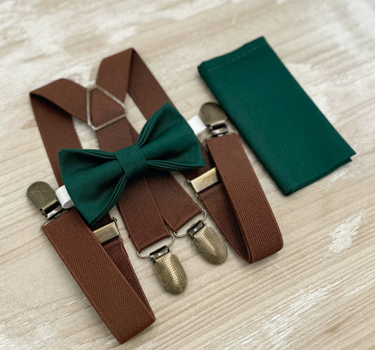 Pine Bow tie & Suspenders | Brown X - Back Braces | Gem Bow | Pocket Square | Ring Bearer Outfit | Boho Rustic Wedding