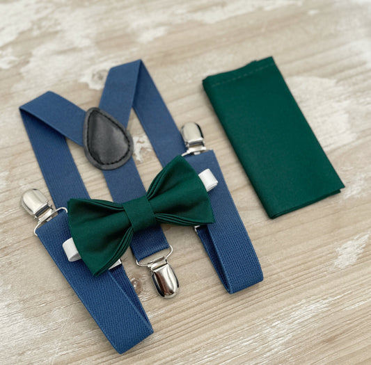 Pine Bow tie & Suspenders | Steel Blue Braces | Gem Bow Tie | Pocket Square | Ring Bearer Outfit | Boho Wedding