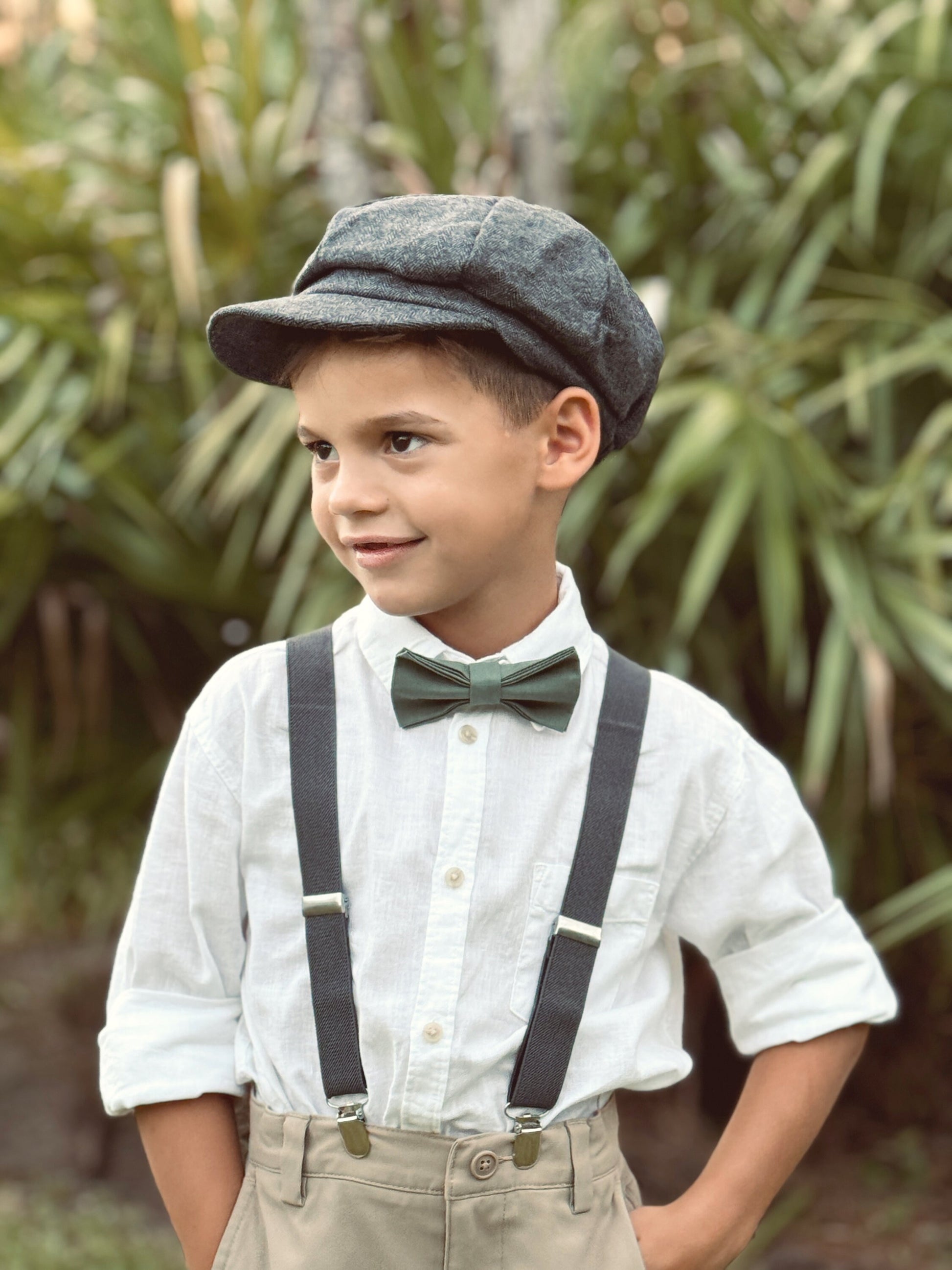 Blush Bow tie & Suspenders,Charcoal Dark Gray Braces, Petal Bow Tie, Pocket Square, Ring Bearer Outfit, Boho Wedding