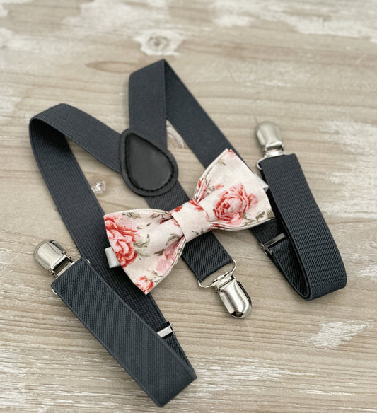 Floral Bow tie & Suspenders | Charcoal Dark Gray Braces | Cottage Chic Bow Tie | Ring Bearer Outfit | Boho Wedding | Groomsman Gift
