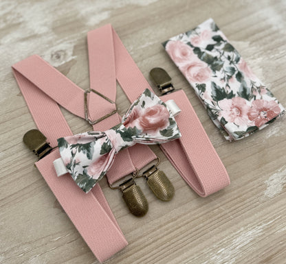 Floral Bow Tie & Dusty Pink Suspenders – All Sizes Baby to Adult, Ring Bearer Outfit, Boho Wedding Set, Groomsman Gift, Pocket Square