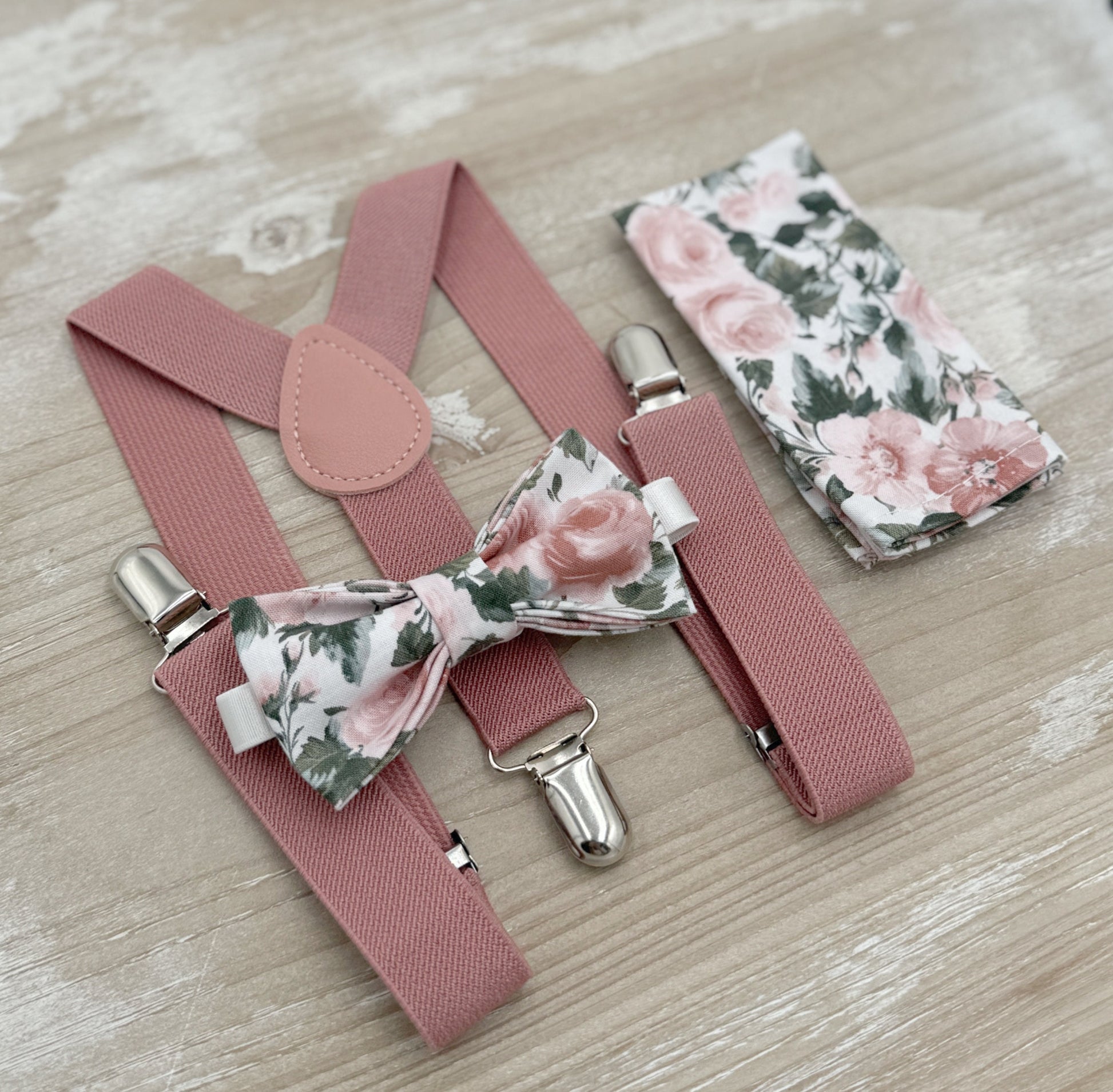 Floral Bow tie & Suspenders, Dusty Rose Braces, Pocket Square, Ring Bearer Outfit, Boho Wedding, Groomsman Gift, Rustic Wedding Set