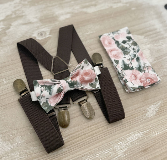 Floral Bow tie & Suspenders | Coffee X - Back Braces | Dusty Rose Bow | Pocket Square | Ring Bearer Outfit | Boho Wedding | Groomsman Gift