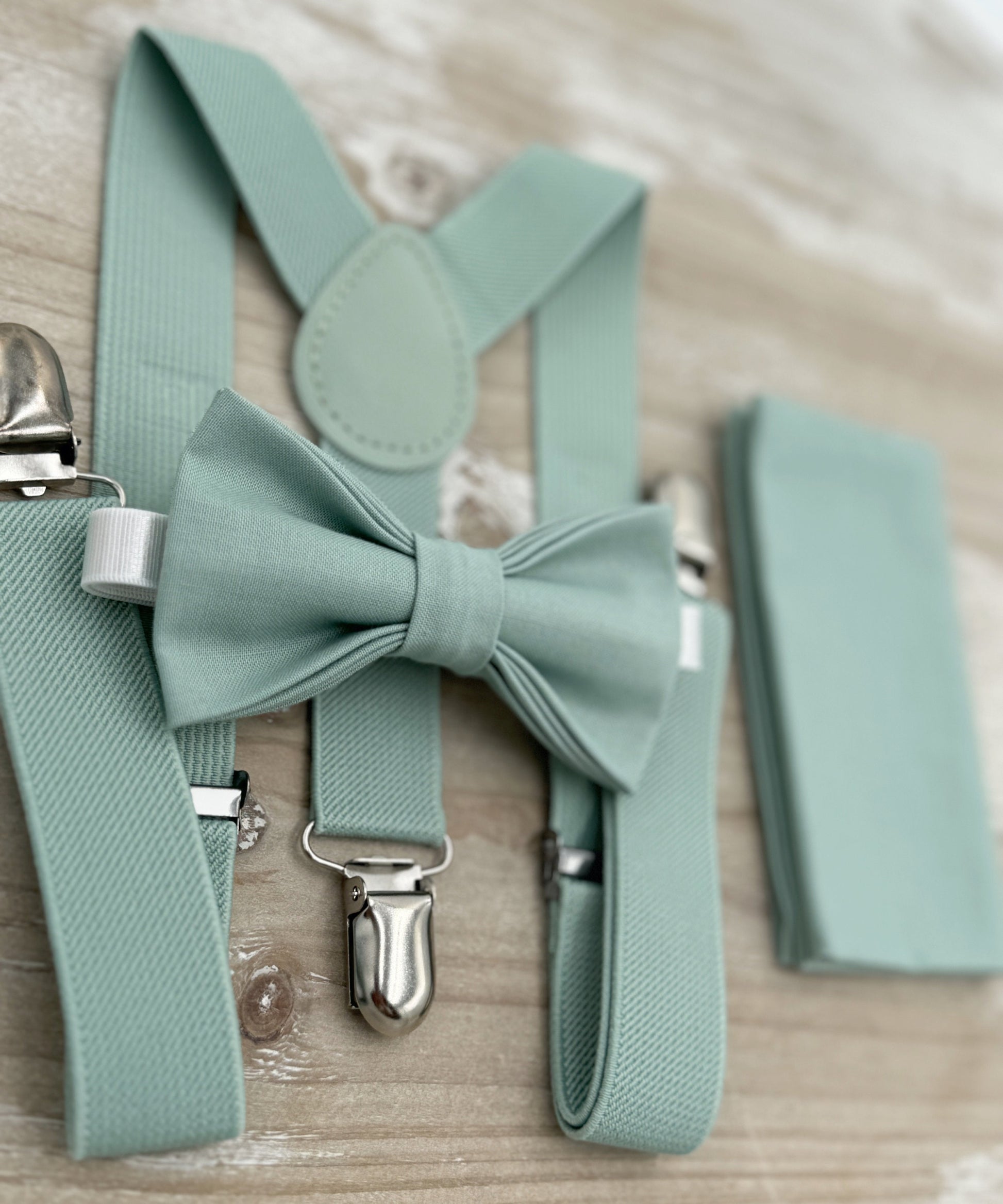 Dusty Sage Bow Tie & Suspenders – Ring Bearer Outfit, All Sizes Baby to Adult, Groomsman Gift, Pocket Square, Boho Wedding Set