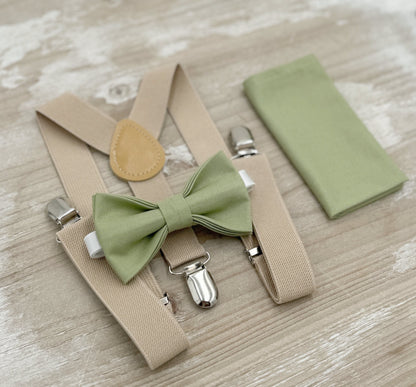 Pistachio Bow tie & Suspenders | Champagne Tan Braces | Pocket Square | Ring Bearer Outfit | Boho Rustic Wedding | Groomsman Gift