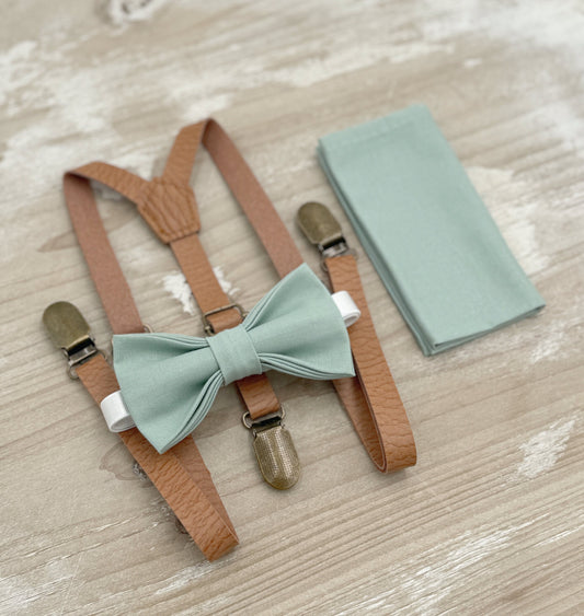 Dusty Sage Bow tie & Skinny Vegan Leather Suspenders | Light Brown Braces | Agave Bow | Pocket Square | Ring Bearer Outfit | Rustic Wedding