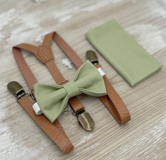 Pistachio Bow tie & Skinny Vegan Leather Suspenders | Light Brown Braces | Agave Bow | Pocket Square | Ring Bearer Outfit | Rustic Wedding