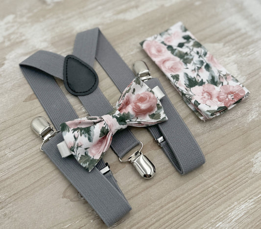 Floral Bow tie & Gray Suspenders | Dusty Rose Bow Tie | Mauve Bow Tie | Pocket Square | Ring Bearer Outfit | Boho Wedding | Groomsman Gift