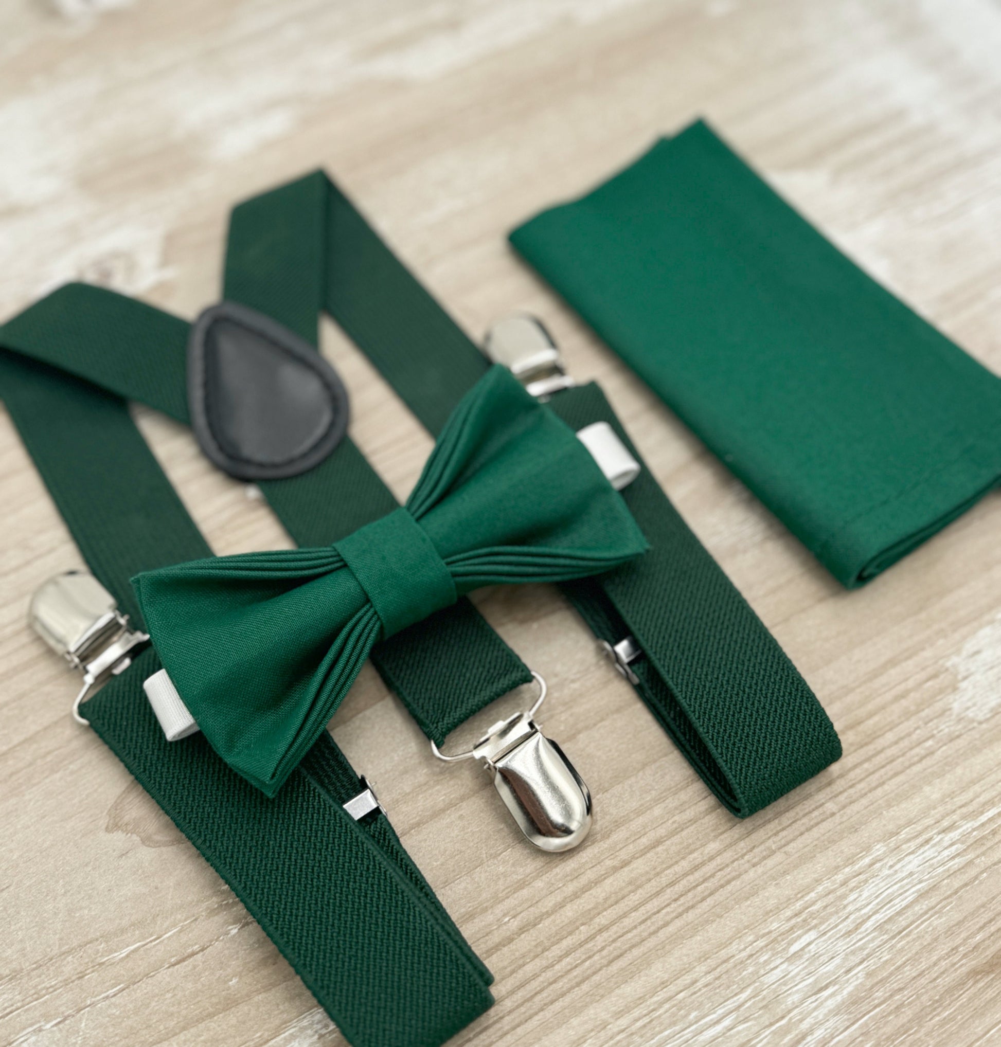 Juniper Bow tie & Suspenders, Dark Green Braces, Emerald Bow, Pocket Square, Ring Bearer Outfit, Boho Rustic Wedding