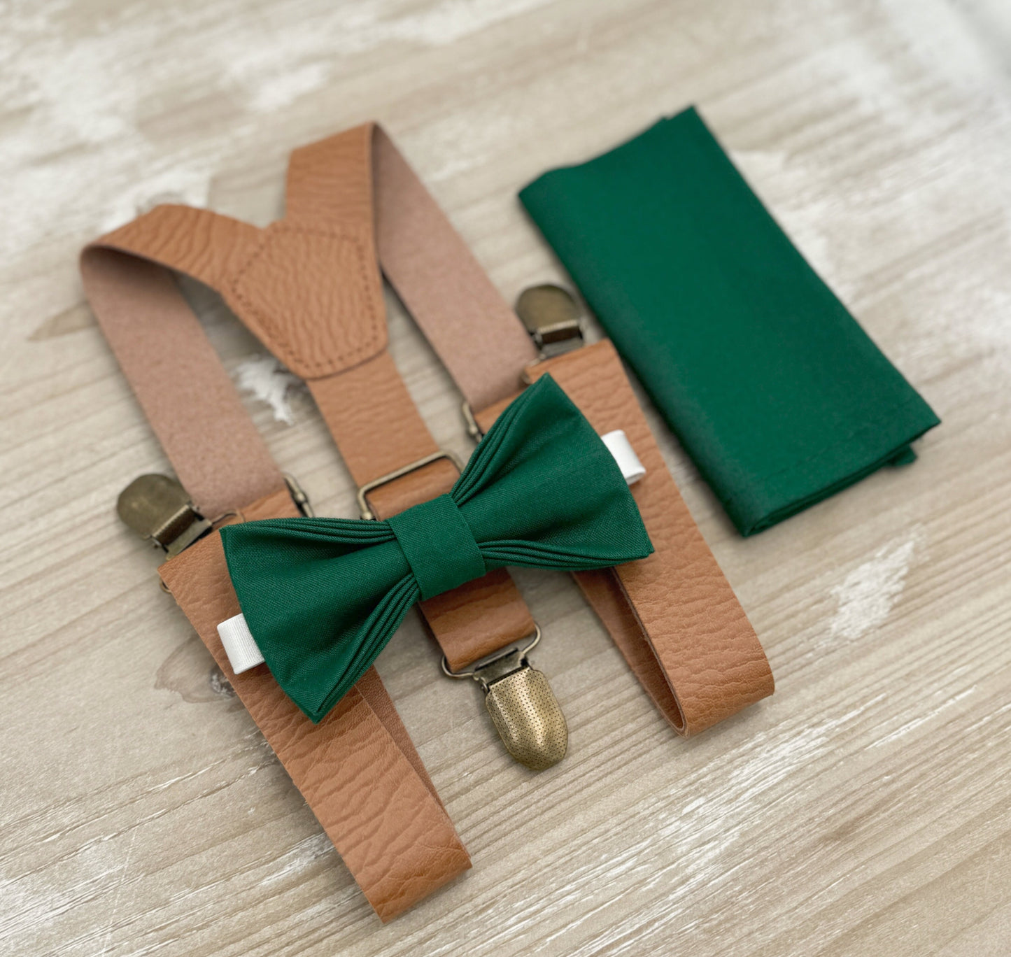 Juniper Bow tie & Suspenders | Light Brown Leather Braces | Emerald Green Bow | Pocket Square | Ring Bearer Outfit | Boho Rustic Wedding