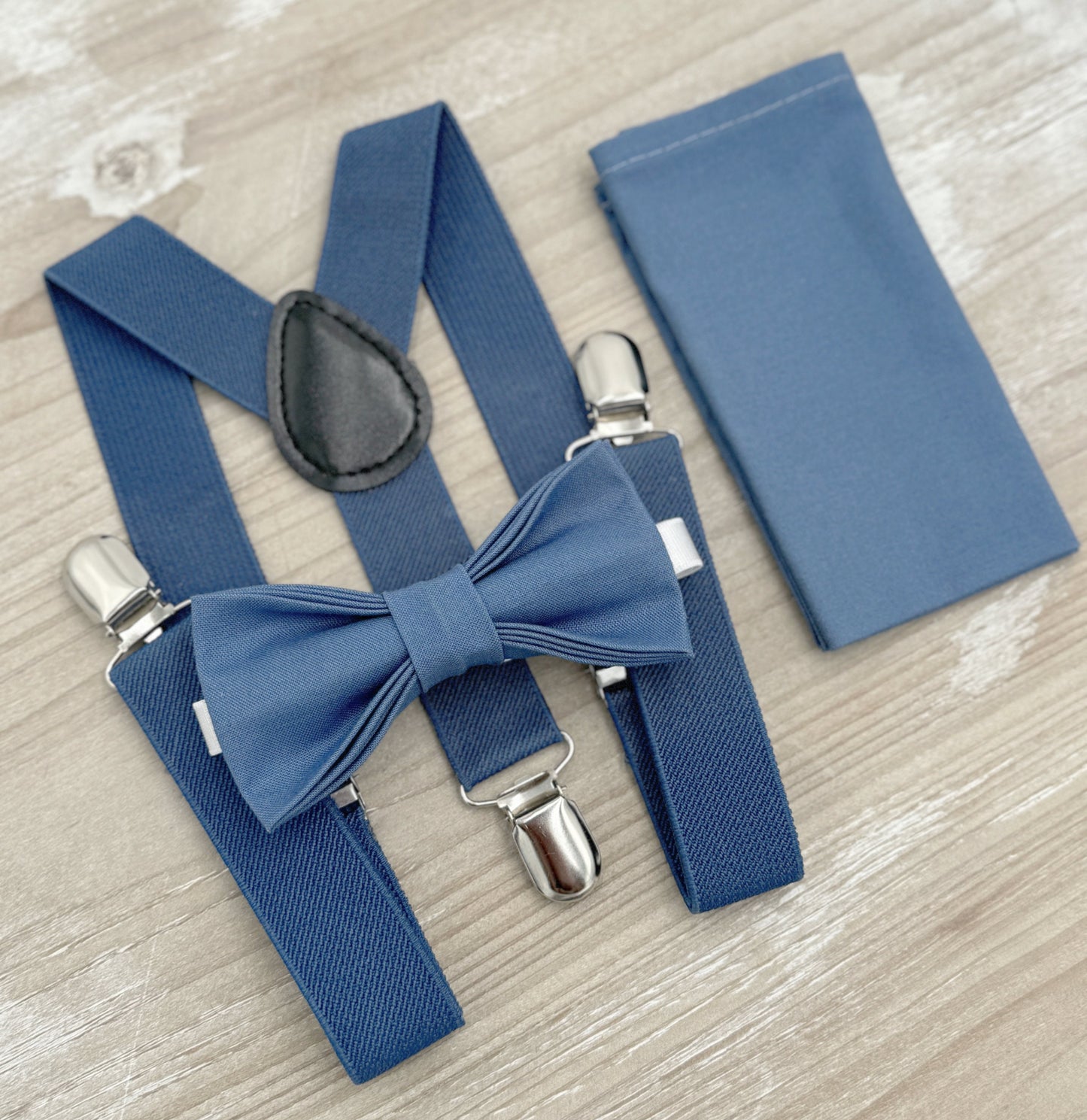 Dark Steel Blue Bow Tie & Suspenders – Ring Bearer Outfit, All Sizes Baby to Adult, Groomsman Gift, Pocket Square, Boho Wedding Set