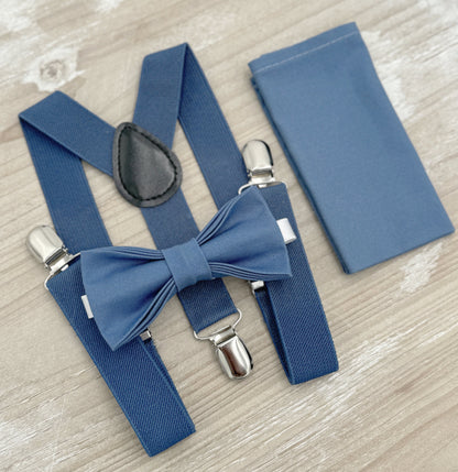 Dark Steel Blue Bow Tie & Suspenders – Ring Bearer Outfit, All Sizes Baby to Adult, Groomsman Gift, Pocket Square, Boho Wedding Set