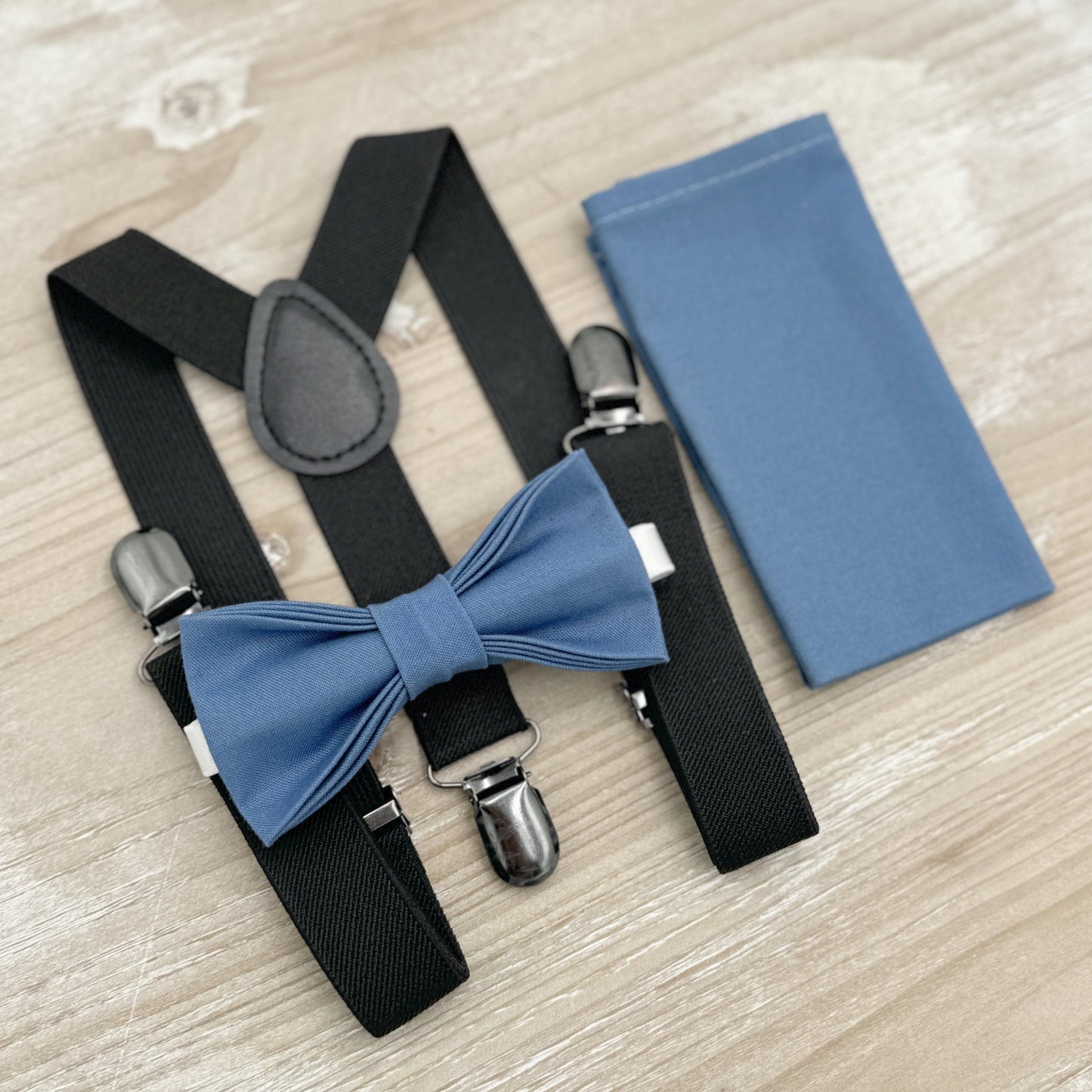 Dark Steel Bow tie & Suspenders | Black Braces | Twilight Blue Bow | Pocket Square | Ring Bearer Outfit | Boho Rustic Wedding