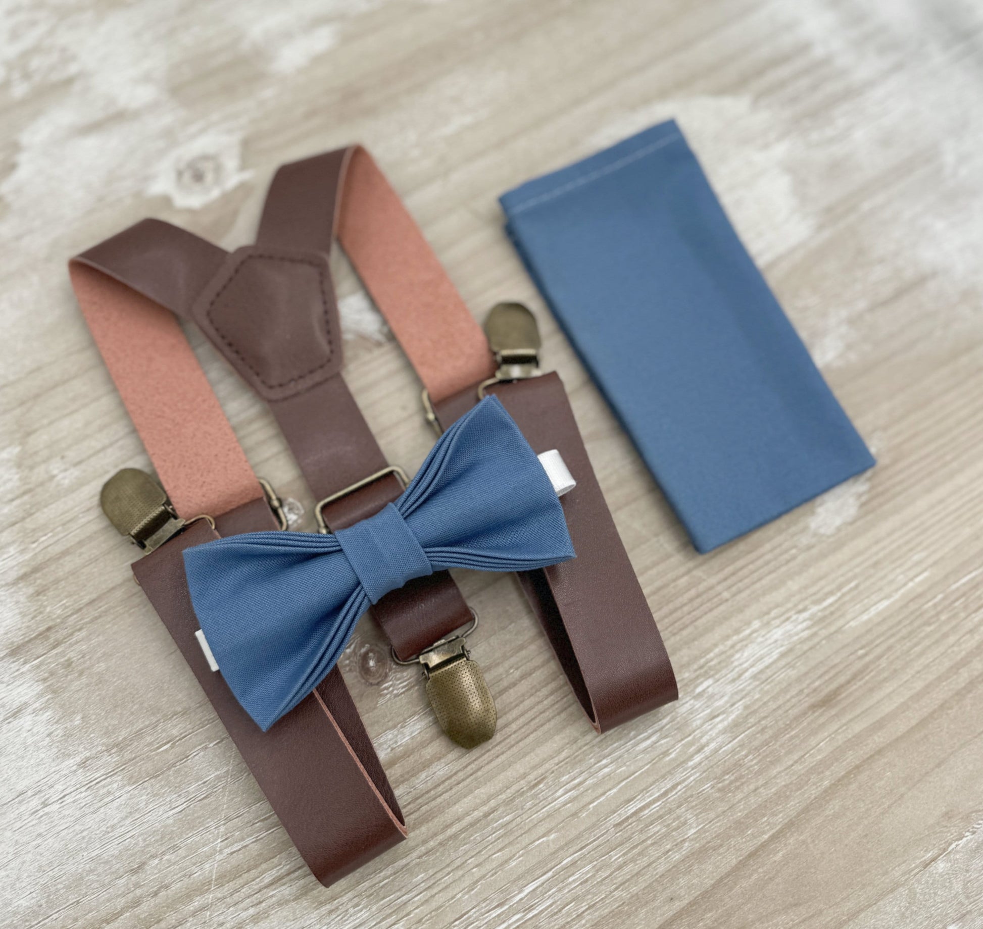 Dark Steel Bow tie & Suspenders | Vegan Leather Braces | Twilight Blue Bow | Pocket Square | Ring Bearer Outfit | Boho Rustic Wedding