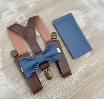 Dark Steel Bow tie & Suspenders | Vegan Leather Braces | Twilight Blue Bow | Pocket Square | Ring Bearer Outfit | Boho Rustic Wedding