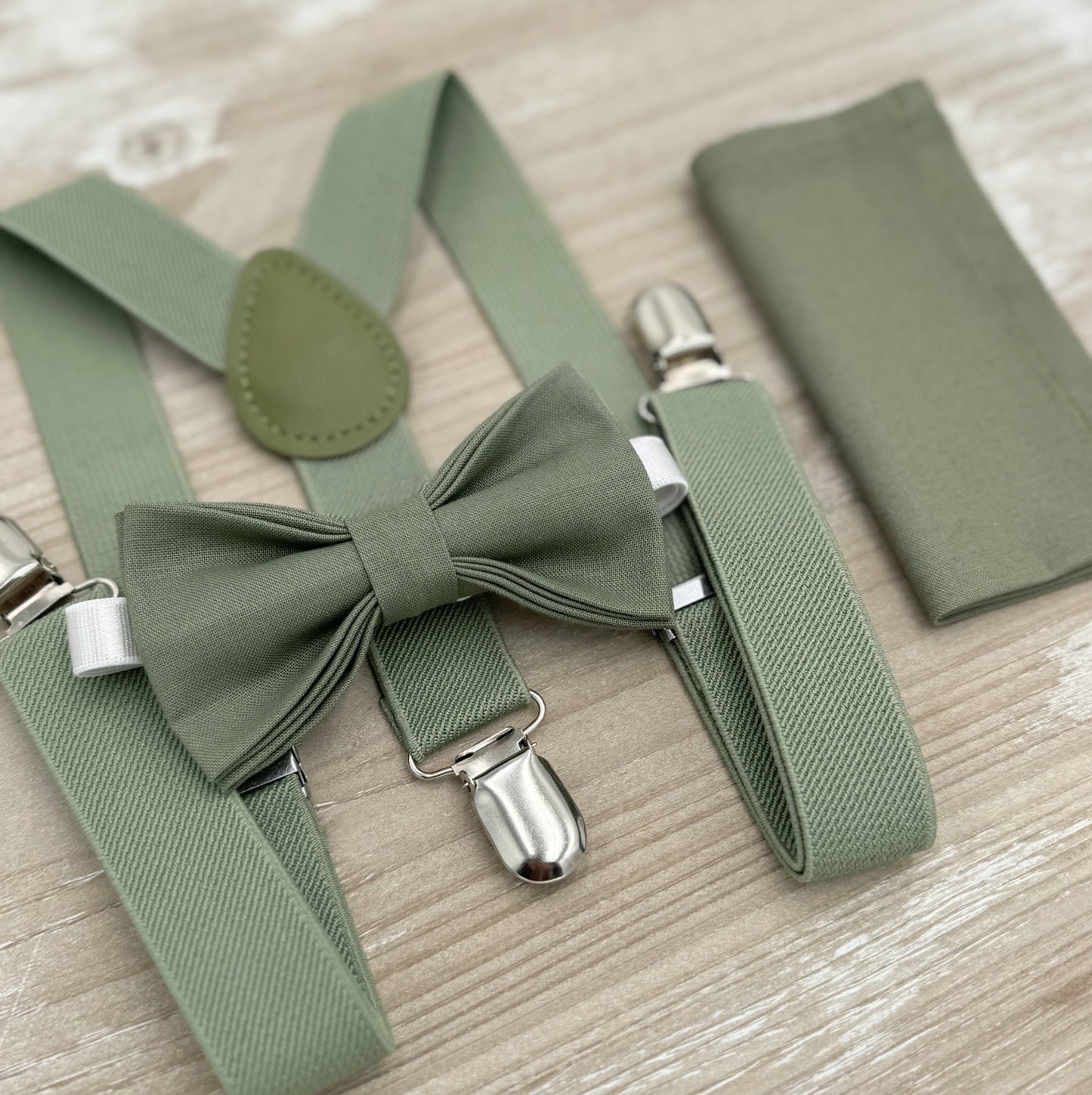 Moss Bow Tie & Suspenders – All Sizes for Men and Boys, Pocket Square, Ring Bearer Groomsman Gift, Rustic Wedding Set