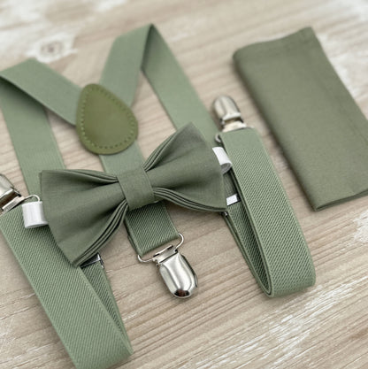 Moss Bow Tie & Suspenders – All Sizes for Men and Boys, Pocket Square, Ring Bearer Groomsman Gift, Rustic Wedding Set