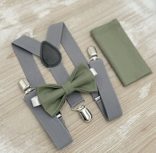 Moss Bow tie & Suspenders | Gray Braces | Eucalypt Green Bowtie | Pocket Square | Ring Bearer Outfit | Boho Rustic Wedding