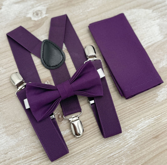 Plum Bow tie & Suspenders, Grape Purple Bowtie, Pocket Square, Ring Bearer Outfit, Boho Rustic Wedding Set