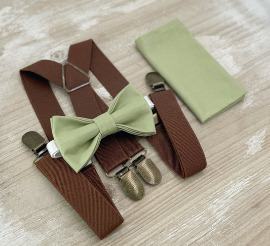 Pistachio Bow tie & Suspenders | X - Back Brown Braces | Pocket Square | Ring Bearer Outfit | Boho Wedding Set