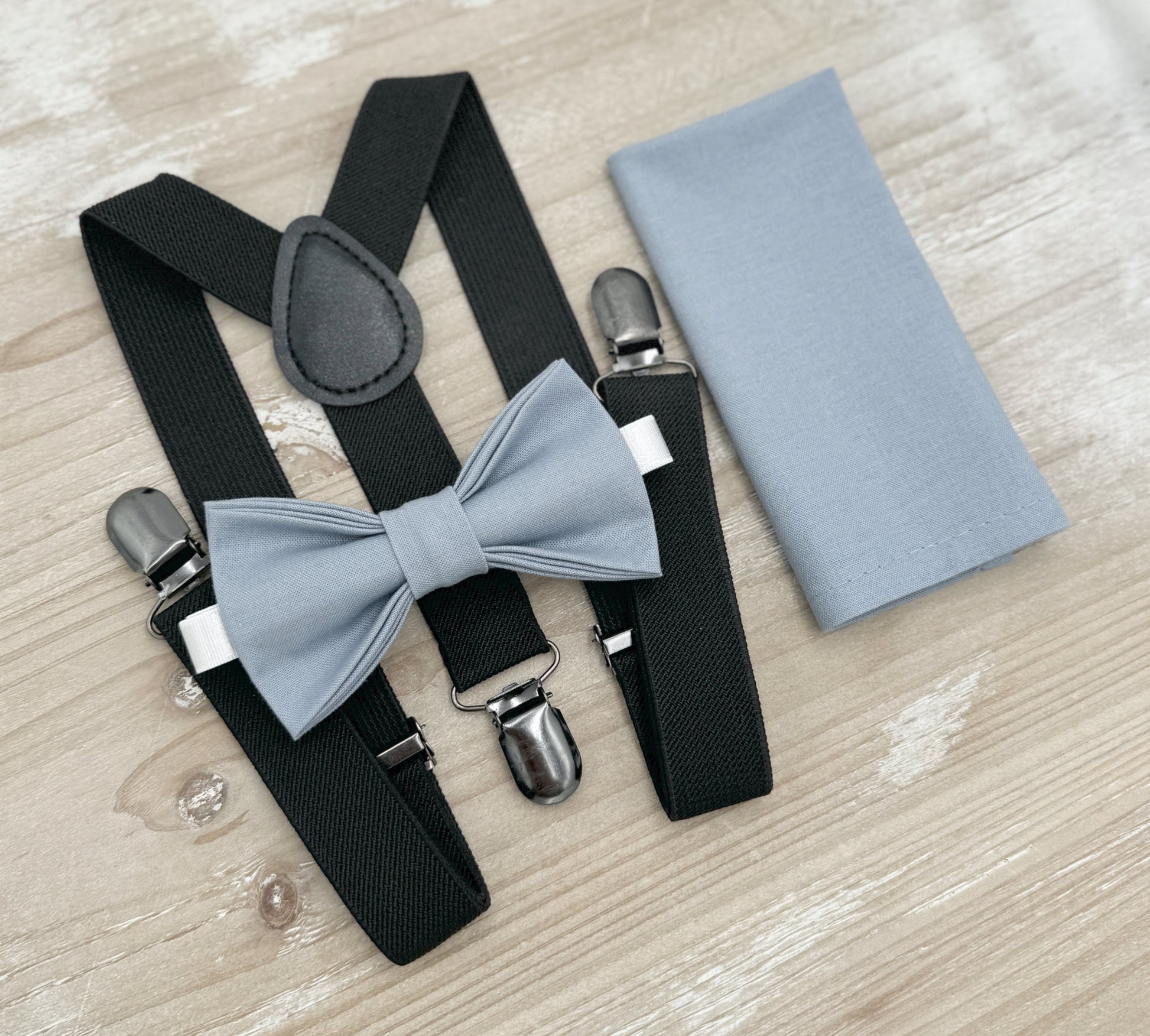 Dusty Blue Bow Tie & Suspenders – All Sizes for Boys and Men, Black Braces, Pocket Square, Ring Bearer, Boho Rustic Wedding