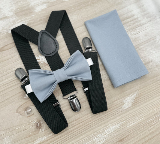 Dusty Blue Bow Tie & Suspenders – All Sizes for Boys and Men, Black Braces, Pocket Square, Ring Bearer, Boho Rustic Wedding