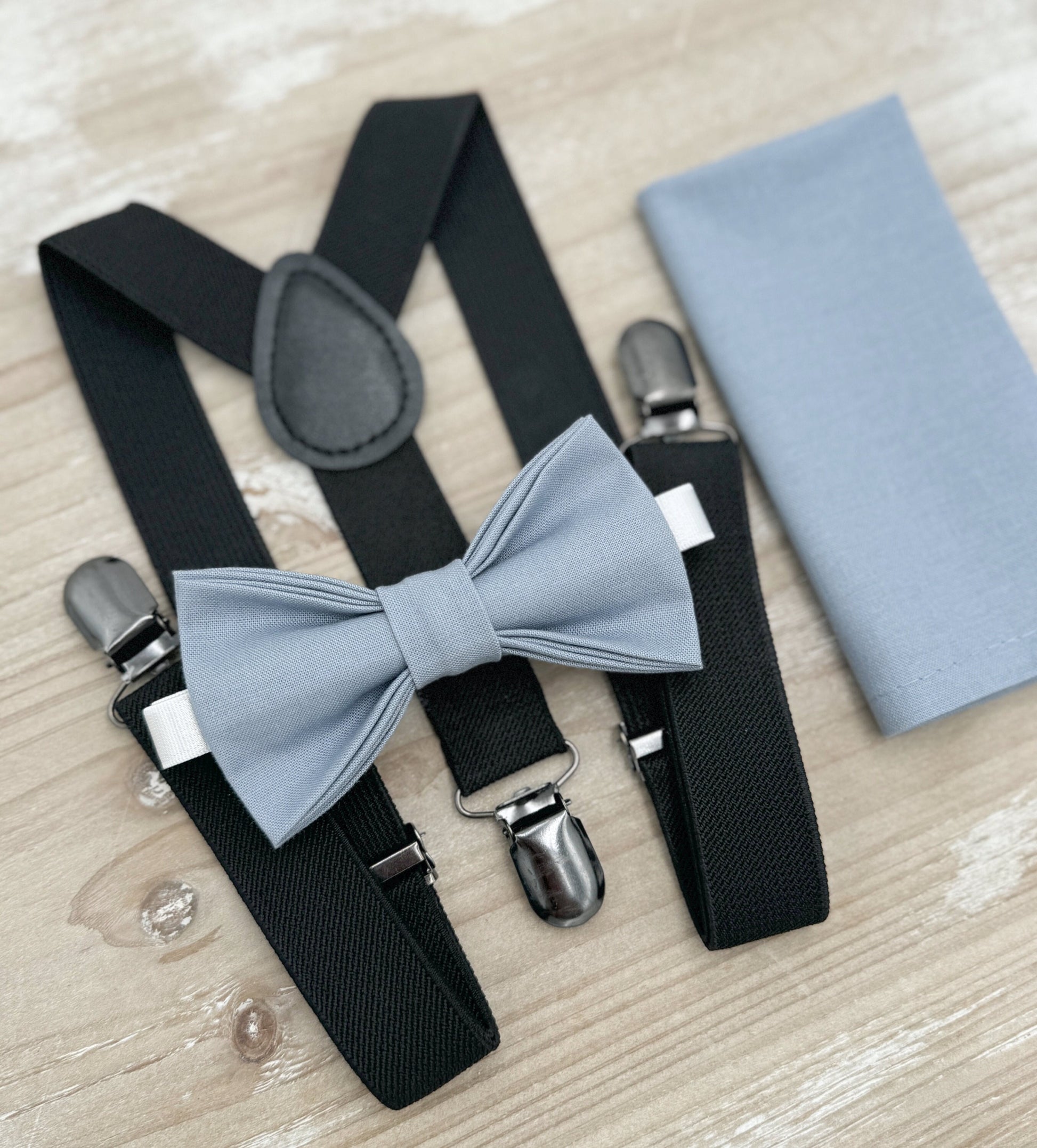 Dusty Blue Bow Tie & Suspenders – All Sizes for Boys and Men, Black Braces, Pocket Square, Ring Bearer, Boho Rustic Wedding