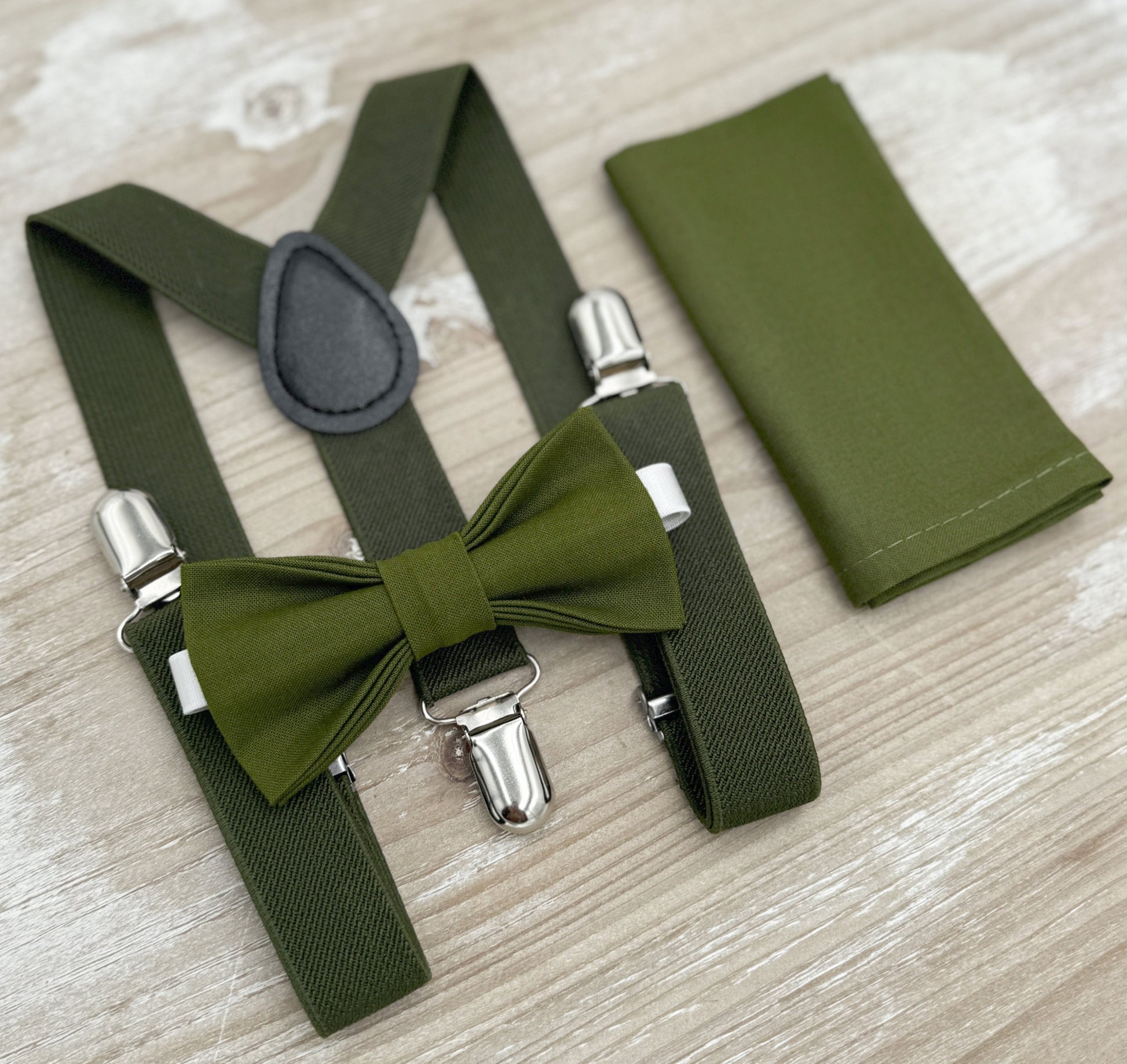 Olive Bow tie & Suspenders | Pocket Square | Dark Green Bowtie | Ring Bearer Outfit | Boho Rustic Wedding