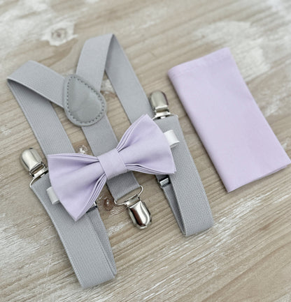 Iris Bow tie & Suspenders | Light Gray Braces | Pocket Square | Ring Bearer Outfit | Boho Rustic Wedding
