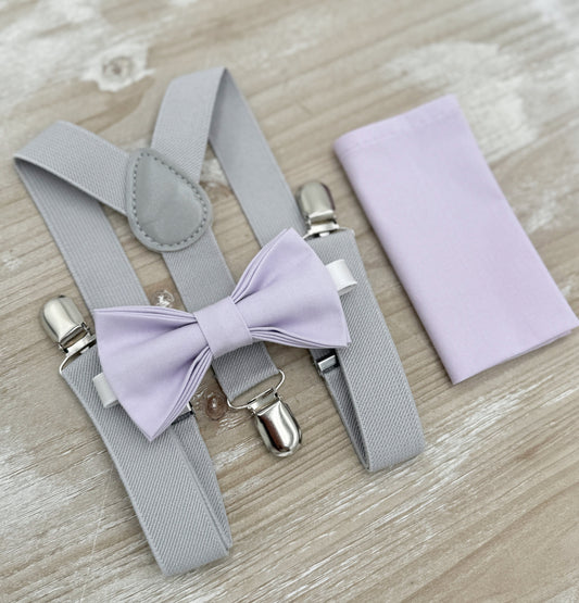 Iris Bow tie & Suspenders | Light Gray Braces | Pocket Square | Ring Bearer Outfit | Boho Rustic Wedding