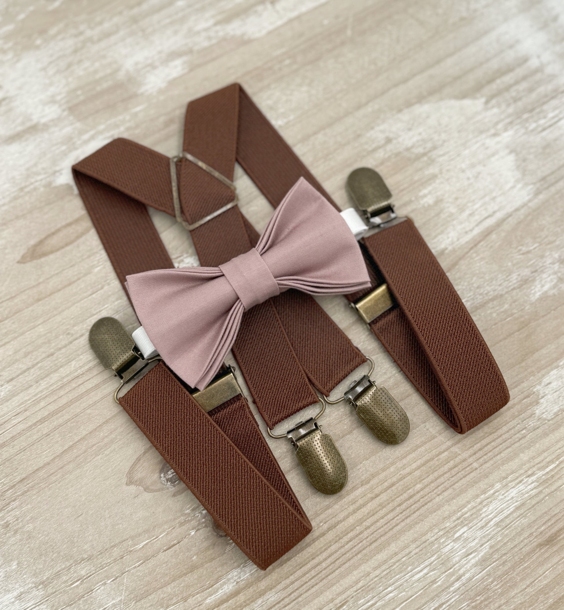 Dusty Mauve Bow tie & Suspenders | Brown X - Back Braces | Quartz Bowtie | Pocket Square | Ring Bearer Outfit | Boho Rustic Wedding