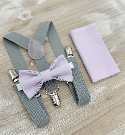 Iris Bow tie & Suspenders | Dusty Gray Braces | Pocket Square | Ring Bearer Outfit | Boho Rustic Wedding