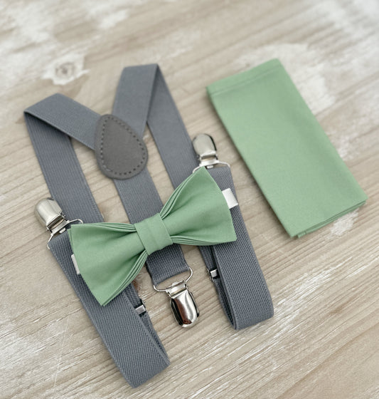Matcha Bow tie & Suspenders, Gray Braces, Sage Meadow Green Bow, Pocket Square | Ring Bearer Outfit, Boho Rustic Wedding
