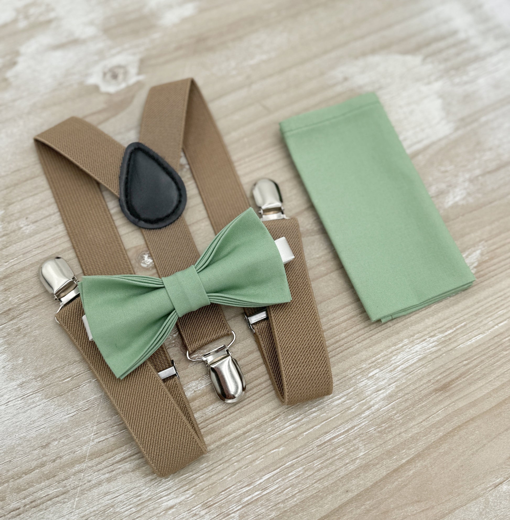 Matcha Bow tie & Suspenders | Taupe Braces | Sage Meadow Green Bow | Pocket Square | Ring Bearer Outfit | Boho Rustic Wedding