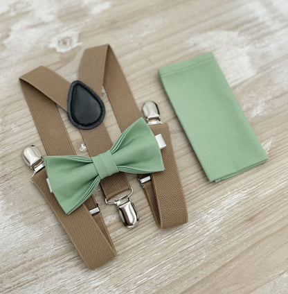 Matcha Bow tie & Suspenders | Taupe Braces | Sage Meadow Green Bow | Pocket Square | Ring Bearer Outfit | Boho Rustic Wedding