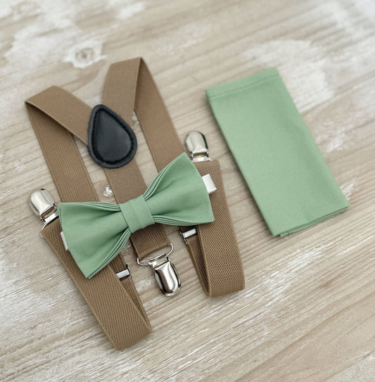 Matcha Bow tie & Suspenders | Taupe Braces | Sage Meadow Green Bow | Pocket Square | Ring Bearer Outfit | Boho Rustic Wedding