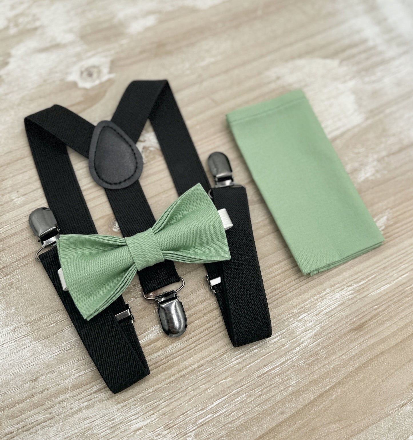 Matcha Bow tie & Suspenders | Black Braces | Sage Meadow Green Bow | Pocket Square | Ring Bearer Outfit | Boho Rustic Wedding