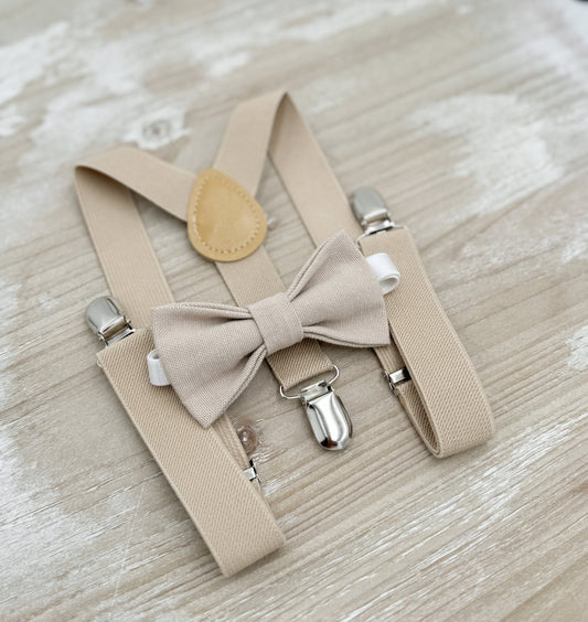 Linen Bow tie & Suspenders | Champagne Tan Braces | Biscotti Bowtie | Frost Tan Bowtie | Ring Bearer Outfit | Boho Rustic Wedding