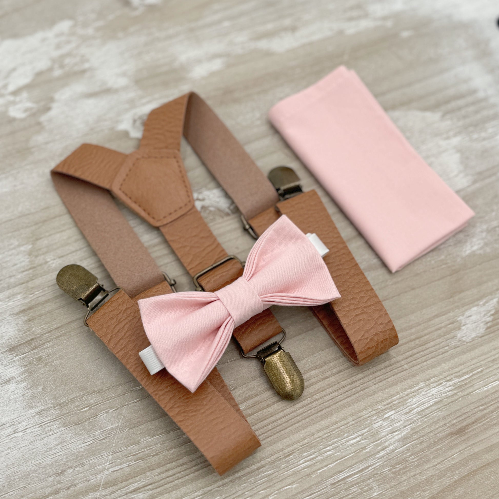 Blush Bow tie & Vegan Leather Suspenders, Petal Bow Tie, Pocket Square, Ring Bearer Outfit, Boho Wedding