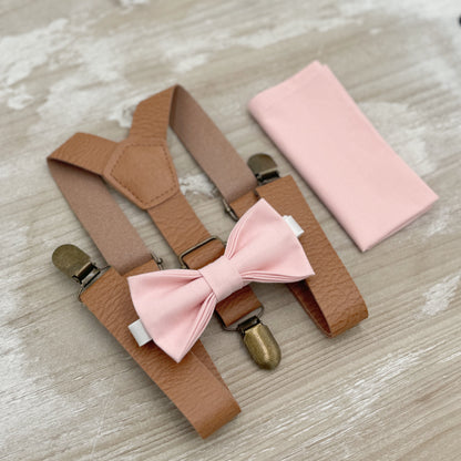 Blush Bow tie & Vegan Leather Suspenders, Petal Bow Tie, Pocket Square, Ring Bearer Outfit, Boho Wedding