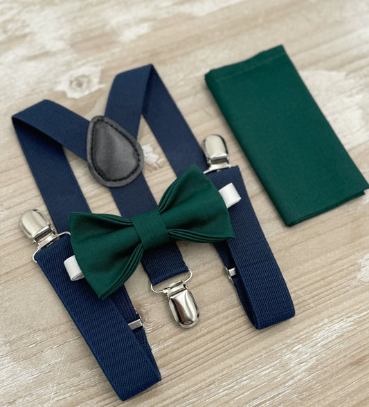 Pine Bow tie & Suspenders | Navy Blue Braces | Gem Bow | Pocket Square | Ring Bearer Outfit | Boho Rustic Wedding