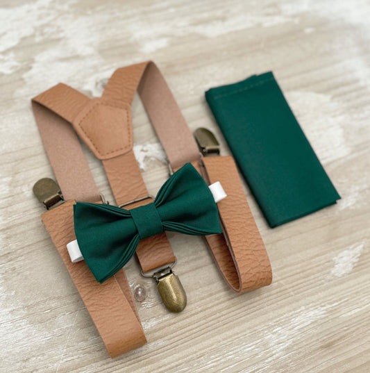 Pine Bow tie & Vegan Leather Suspenders | Light brown Braces | Gem Bow | Pocket Square | Ring Bearer Outfit | Boho Wedding