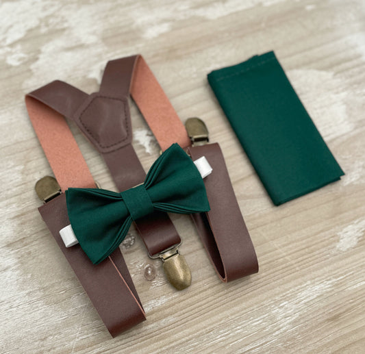 Pine Bow tie & Suspenders | Vegan Leather Braces | Gem Bow | Pocket Square | Ring Bearer Outfit | Boho Rustic Wedding