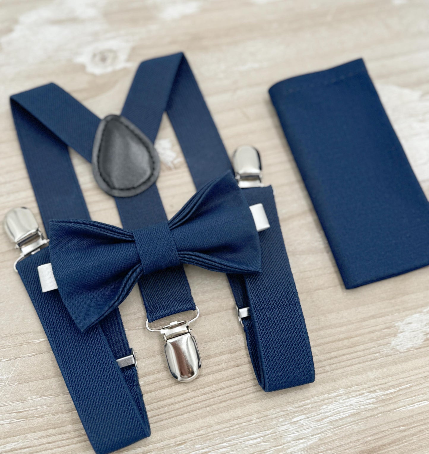 Navy Bow tie & Suspenders | Marine Blue BowTie | Pocket Square | Ring Bearer Outfit | Boho Rustic Wedding