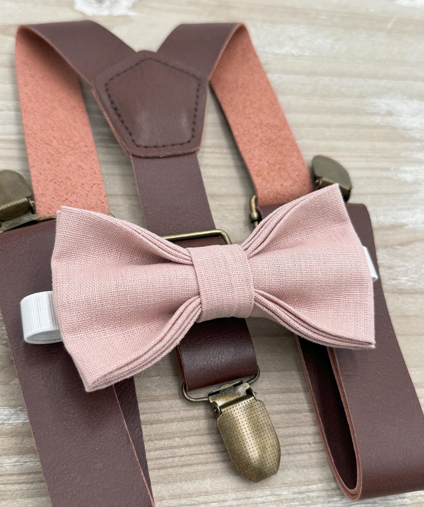 Vintage Rose Bow tie & Suspenders, Leather Braces, Linen Cameo BowTie, Ring Bearer Outfit, Boho Rustic Wedding