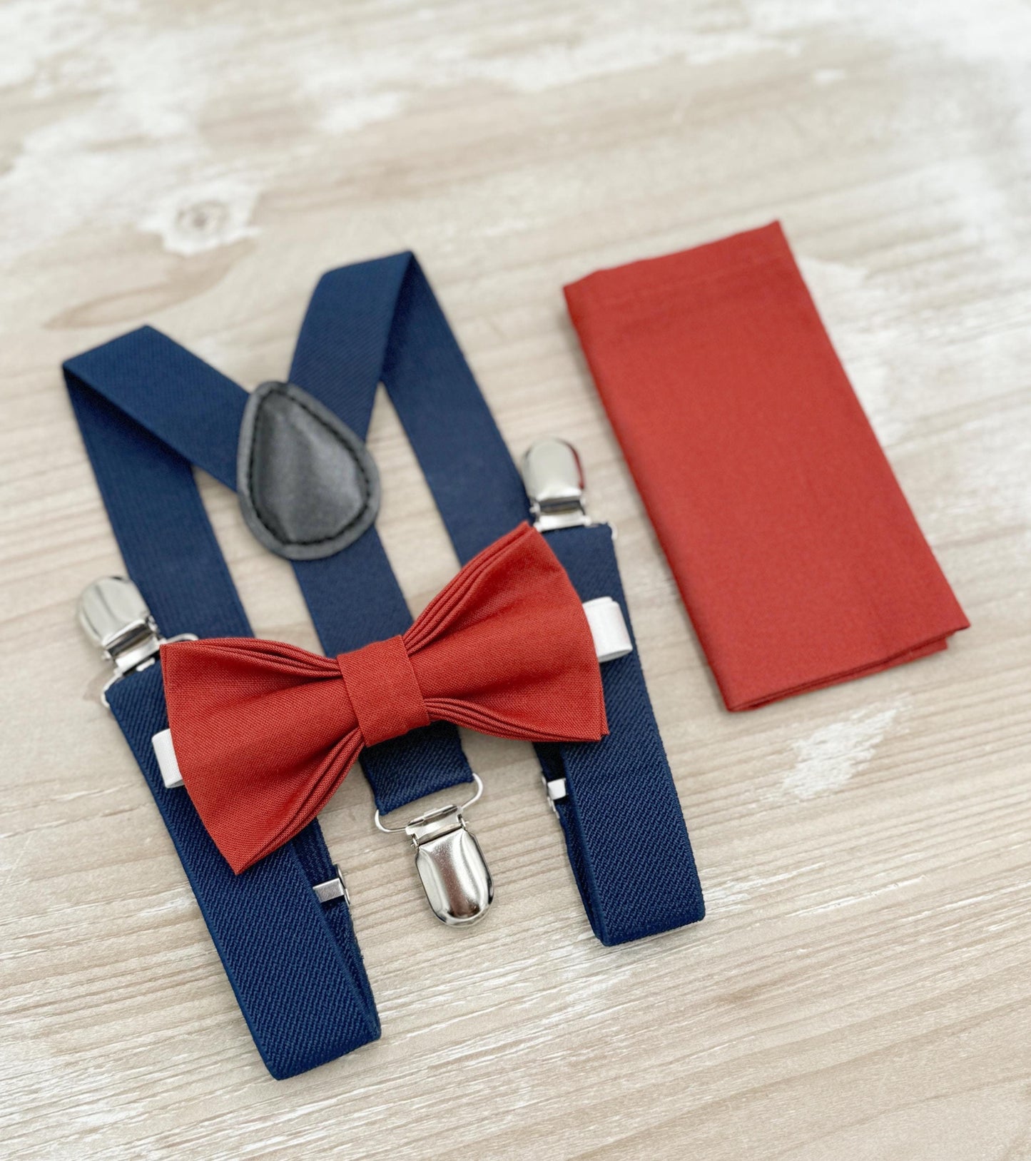 Terracotta Bow tie & Suspenders | Navy Blue Braces | Cinnamon Bowtie | Pocket Square | Ring Bearer Outfit | Boho Rustic Wedding