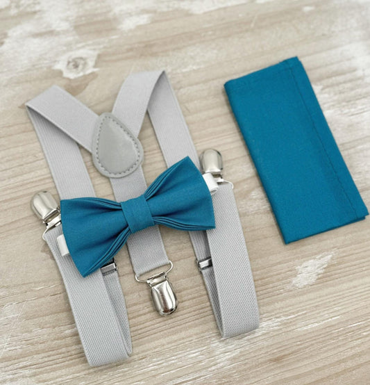 Teal Blue Bow tie & Suspenders | Light Gray Braces | Pocket Square | Ring Bearer Outfit | Boho Rustic Wedding