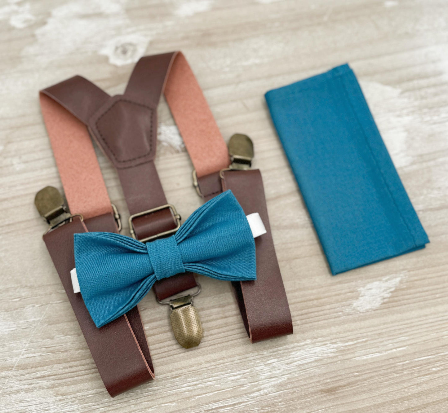 Teal Blue Bow tie & Suspenders | Leather Braces | Pocket Square | Ring Bearer Outfit | Boho Rustic Wedding